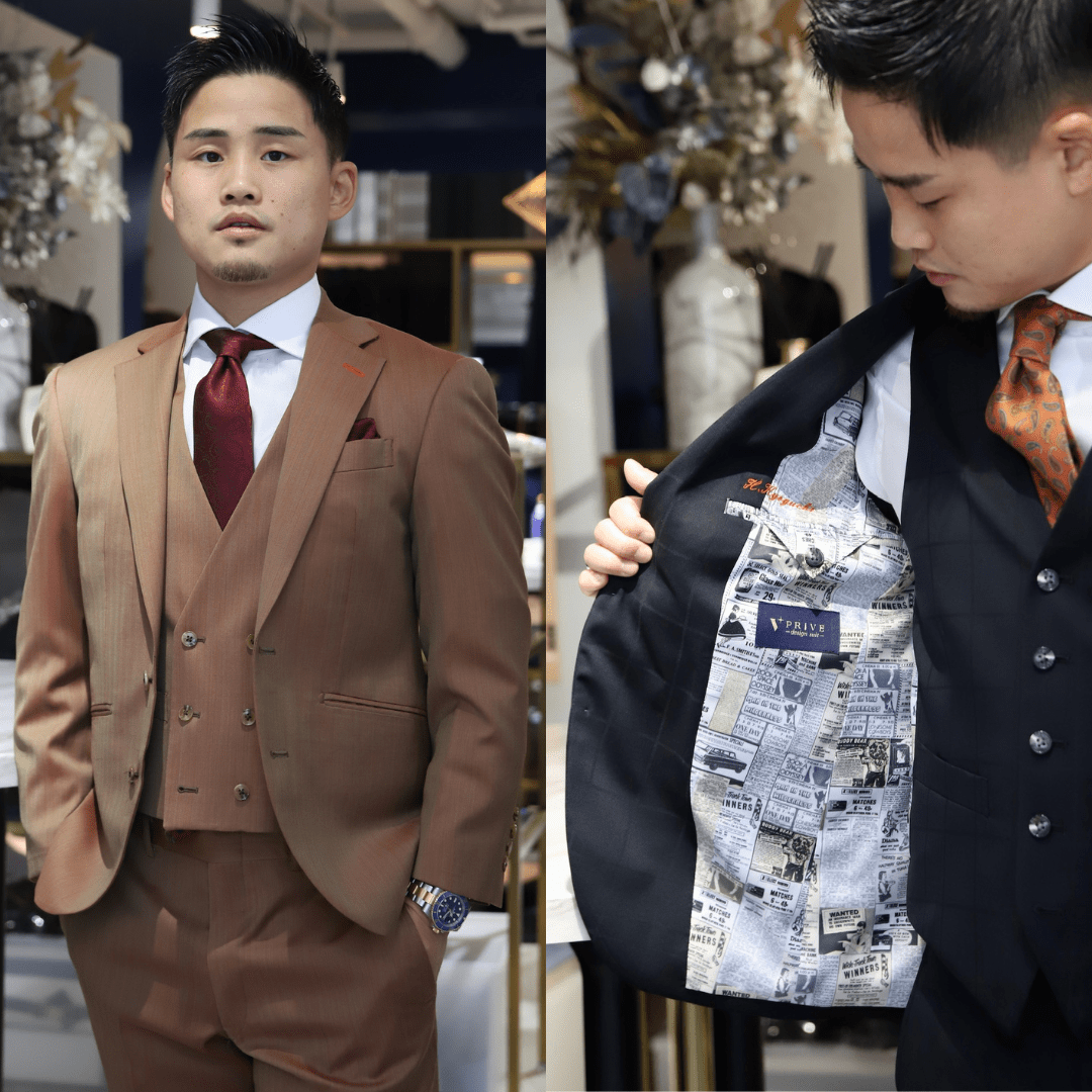 京口紘人　オーダースーツ　ベージュスーツ　ブラックスーツ　プロボクサー