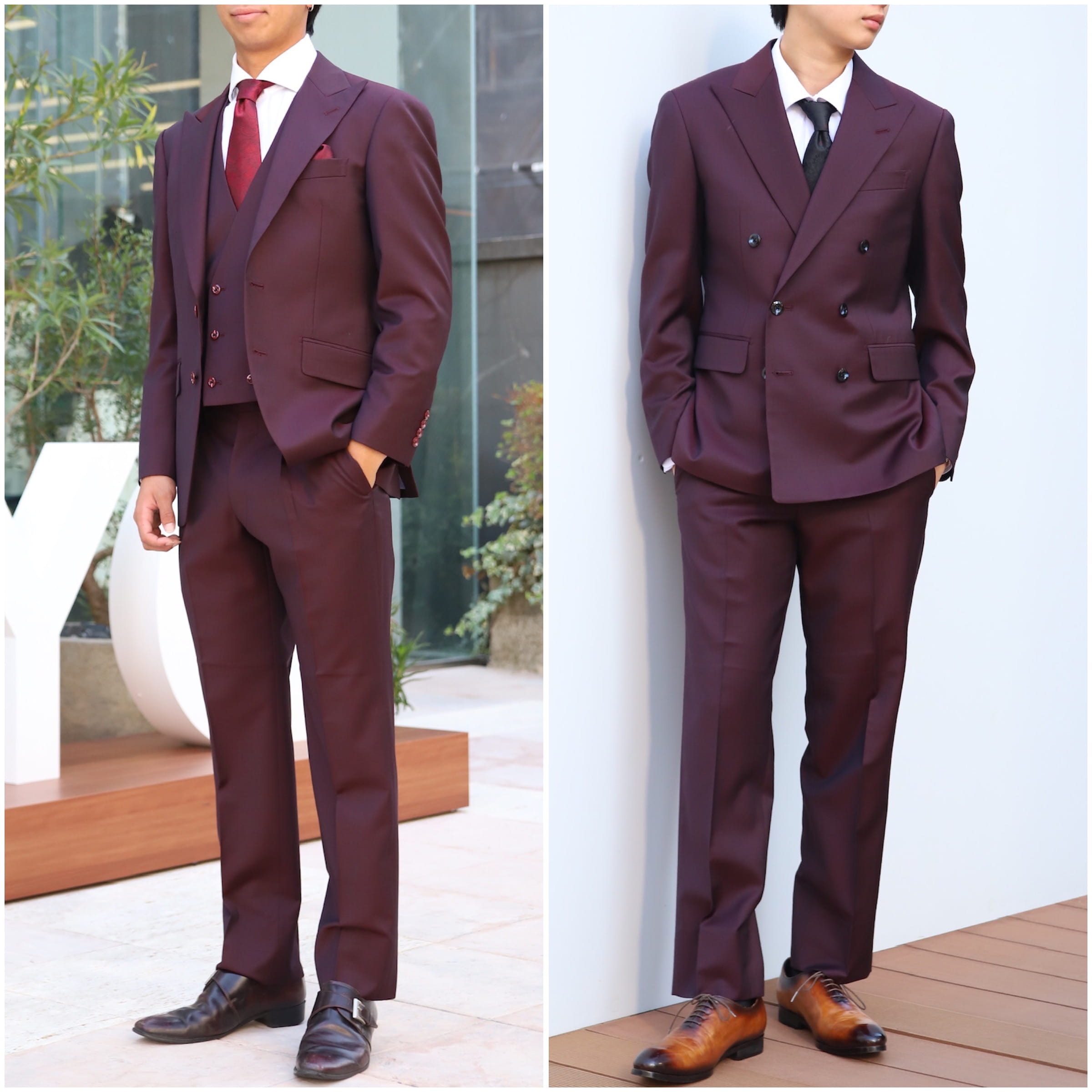 オーダースーツ　ワインレッドスーツ　結婚式参列