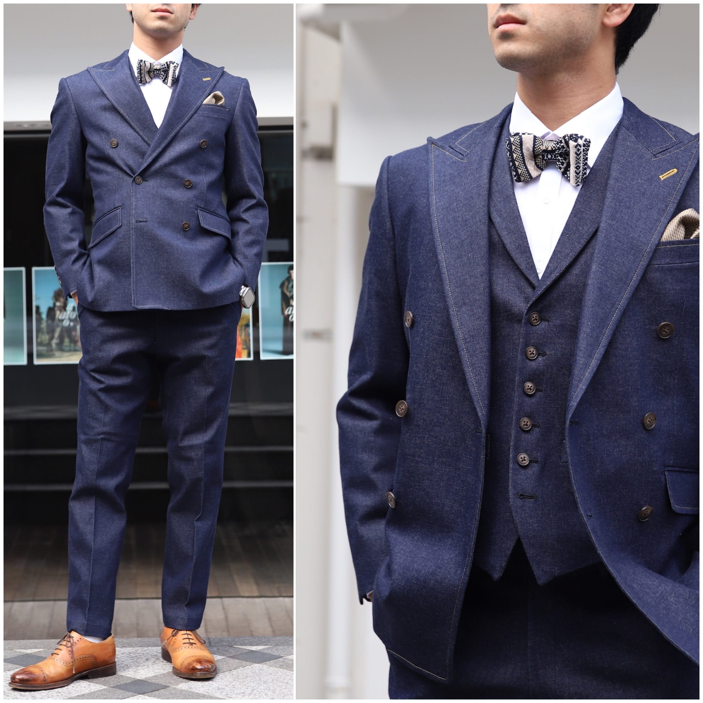 デニムスーツ　蝶ネクタイ　結婚式参列　オーダースーツ