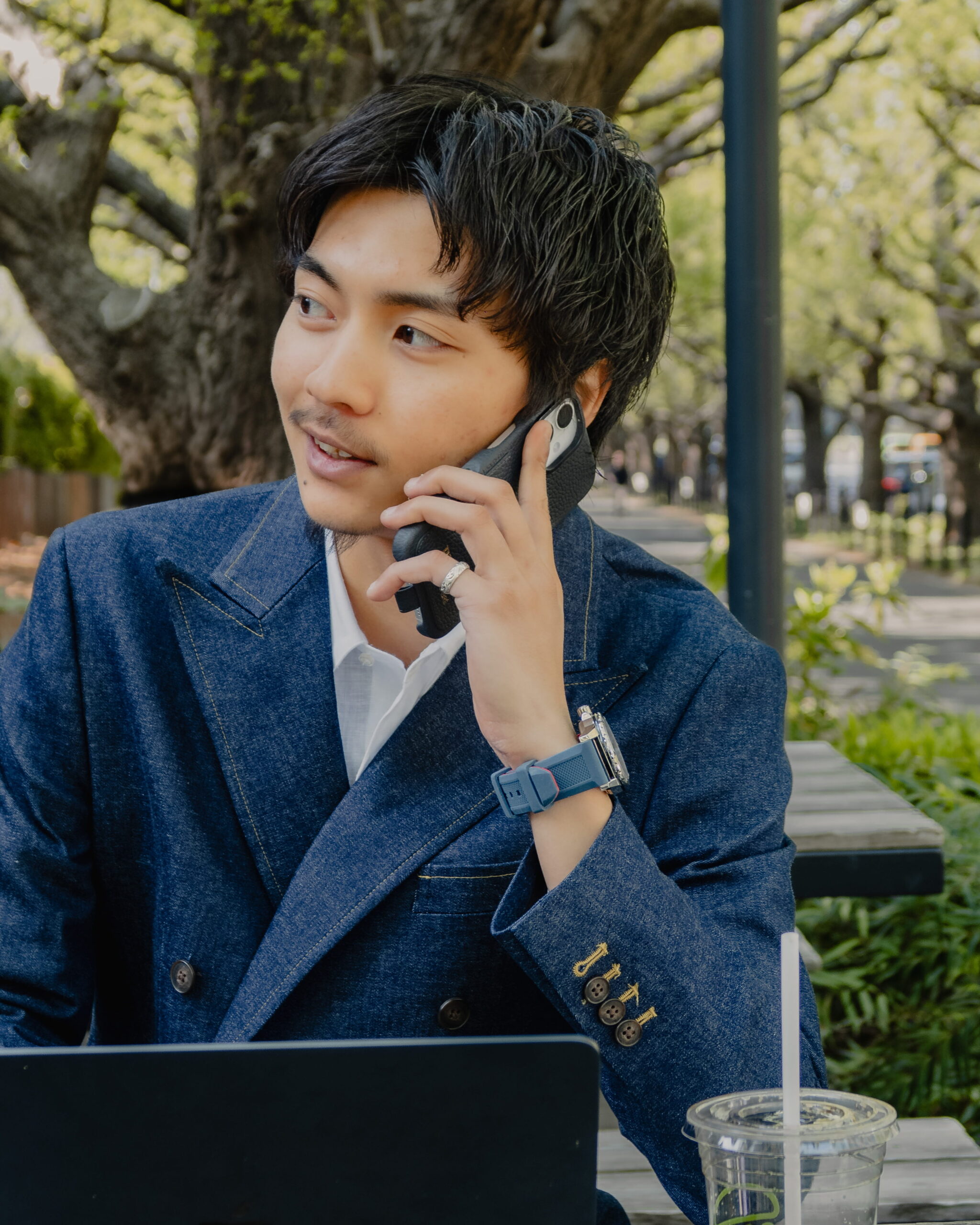 ブルーセットアップ　デニムスーツ　デニムセットアップ　ダブルスーツ