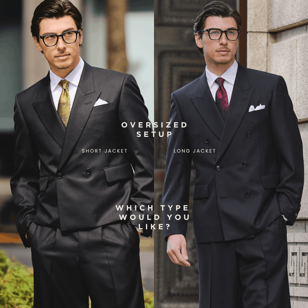 オーバーサイズセットアップ　オーバーサイズスーツ　ショート丈　ロング丈　比較　ブラックスーツ